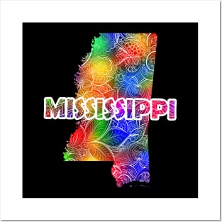 Colorful mandala art map of Mississippi with text in multicolor pattern Posters and Art